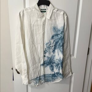 Cubavera 100% Linen White and Blue Casual Button Down Shirt